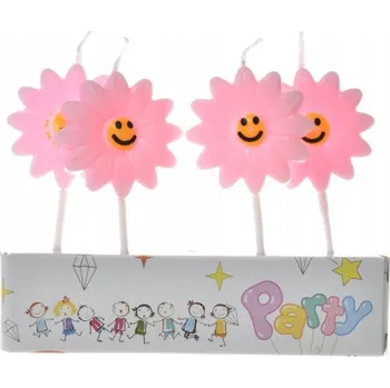 Dortová svíčka Narozeninové SVÍČKY růžové usměvavé kytičky na dort 4 ks narozeniny