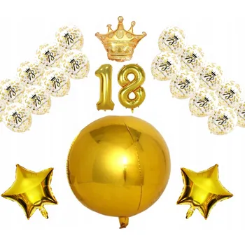 Party dekorace Sada dekorací Zlatá 18 – Balónky, Koruna, Koule 4D, Konfety 25 ks