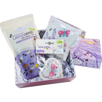 Káva Lavandia dárková levandulová sada - Relax u kafíčka (levandulová káva, podšálek a vonné srdíčko)