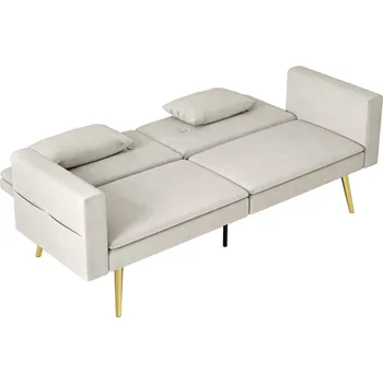 Pohovka HOMCOM Dvoumístná rozkládací pohovka HOMCOM, polohovatelné opěradlo, měkké polštáře, sametový potah, do obývacího pokoje, pokoj pro hosty, béžová barva