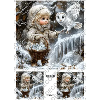 Umělecký papír Rýžový a soft papír na decoupage - Holčička se sovou - KB4647 Materiál: Soft, Rozměr: A4