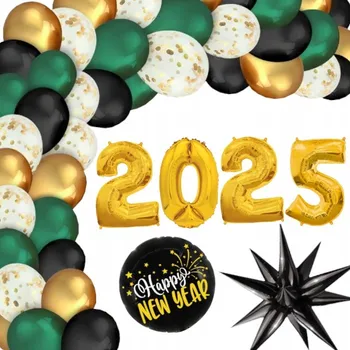 Balónek XL Sada balónků SYLWESTER 2025 46 Ks ZLATO ZELENÁ PÁRTY NOVÝ ROK PARTY