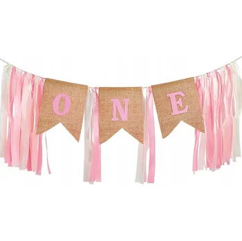 Obraz Jutový banner "ONE" s růžovými stuhami - 90 cm - Pro první narozeniny