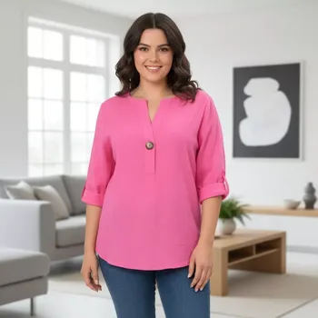 Dámská košile Dámská růžová bavlněná košile s 3/4 rukávem uni velikost L-XXL R1566