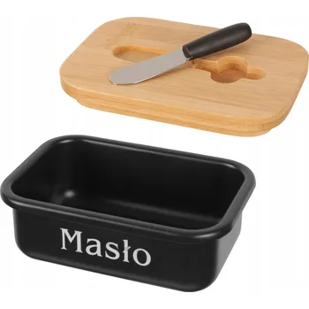 Dóza na potraviny Maselniczka černá, kovová nádoba na máslo s nožem a bambusovým víkem