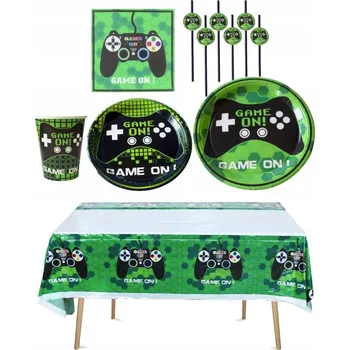 Party nádobí NAROZENINOVÁ SADA GAME ON! UBRUS, TALÍŘE, KELÍMKY 23cm, 37 ks, MOTIV PADU A KONZOLE