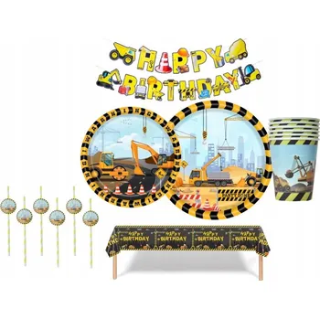 Talíř Narozeninová sada: kelímky 18 ks, talířky 23 cm, banner, bagr/stavba, 26 dílů.