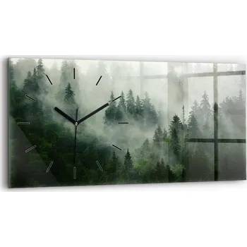 Hodiny Skleněné nástěnné hodiny do obýváku se stylovým potiskem Mlhavý les 60x30 cm