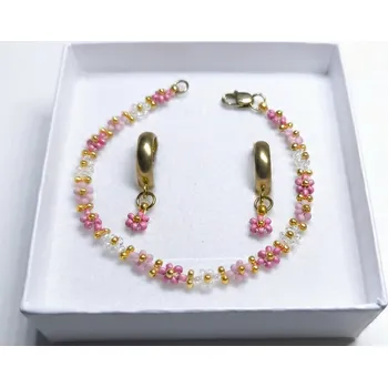 Souprava šperků Bellakvět Sada "Růženka" - Náramek & Náušnice | Miyuki & Ocel Velikost: S 16 cm