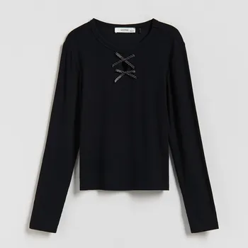 Dívčí tričko Reserved - Tričko z&nbsp;žebrovaného úpletu s&nbsp;vysokým podílem viskózy - černý - 510EG-99X - 510EG-99X-152