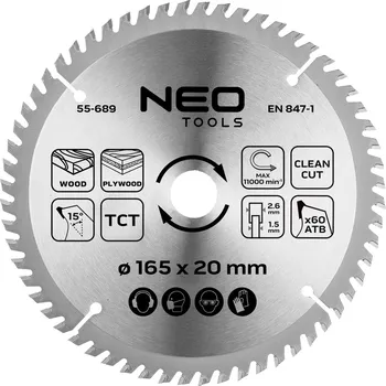 Pilový kotouč NEO TOOLS Pilový kotouč, ponorný, widia, 165 x 1,5 x 2,6 x 20 mm, 60 zubů