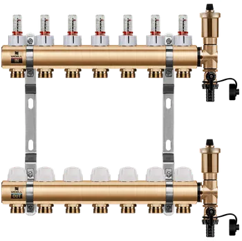 rozdělovač topení WIGELL Mosazný rozdělovač 7 okruhů, pro podlahového topení s hlavicemi a průtokoměry