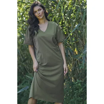 Dámské šaty Ležérní pletené šaty pod kolena NU467 Barva: Khaki, Velikost: M