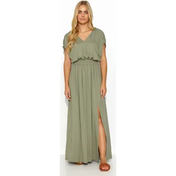 Dámské šaty Dlouhé šaty se stahovací šňůrkou v pase M825 Barva: Olivová, Velikost: S