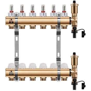 rozdělovač topení WIGELL Mosazný rozdělovač 6 okruhů, pro podlahového topení s hlavicemi a průtokoměry
