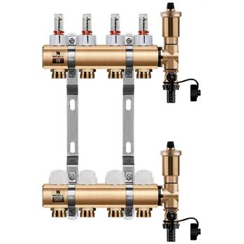 rozdělovač topení WIGELL Mosazný rozdělovač 4 okruhy, pro podlahového topení s hlavicemi a průtokoměry