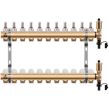 rozdělovač topení WIGELL Mosazný rozdělovač 11 okruhů, pro podlahového topení s hlavicemi a průtokoměry