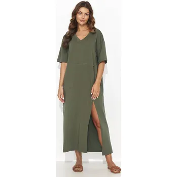 Dámské šaty Bavlněné oversize maxi šaty s rozparkem NU466 Barva: Khaki, Velikost: S/M