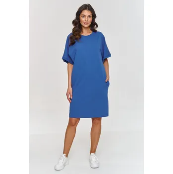 Dámské šaty Bavlněné Šaty s krátkými širokými rukávy M864 Barva: Modrá, Velikost: M