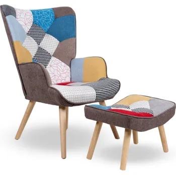 Křeslo Křeslo ušák CORDU + taburet — masiv, látka, přírodní / patchwork