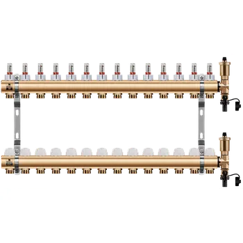rozdělovač topení WIGELL Mosazný rozdělovač 14 okruhů, pro podlahového topení s hlavicemi a průtokoměry