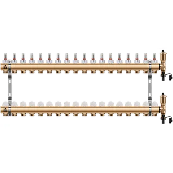 rozdělovač topení WIGELL Mosazný rozdělovač 18 okruhů, pro podlahového topení s hlavicemi a průtokoměry