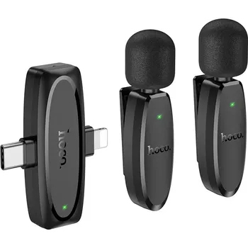 Mikrofon Bezdrátové klopové mikrofony HOCO L15 – 2× mikrofon, Lightning/USB-C (Sada 2 bezdrátových mikrofonů HOCO L15 s přijímačem Lightning + USB-C – ideální na YouTube, TikTok i rozhovory)