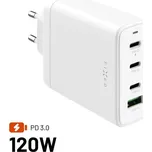 Síťová GaN nabíječka FIXED s 3xUSB-C a USB výstupem, podpora PD 3.0, 120W, bílá