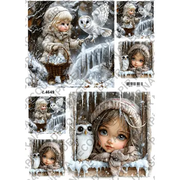 Umělecký papír Rýžový a soft papír na decoupage - Holčička se sovou - KB4649 Materiál: Soft, Rozměr: A4