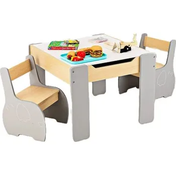 Sedací souprava 3dílná dřevěná dětská sedací souprava HY10080GR, 4 v 1, se 2 židlemi - A COSTWAY