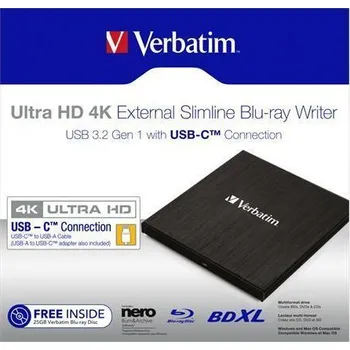 Blu-ray film Verbatim Blu-ray vypalovačka Slimeline, (externí), 4K Ultra HD, USB 3.1 GEN 1, USB-C, VERBATIM 101360