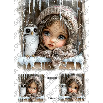 Umělecký papír Rýžový a soft papír na decoupage - Holčička se sovou - KB4648 Materiál: Soft, Rozměr: A4