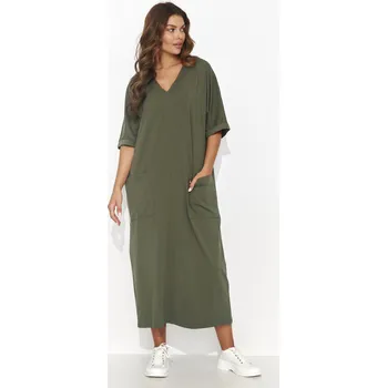 Dámské šaty Volné dlouhé šaty s kapsami NU473 Barva: Khaki, Velikost: S/M