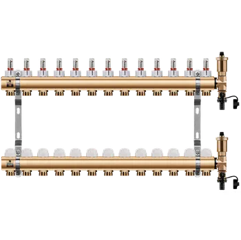 rozdělovač topení WIGELL Mosazný rozdělovač 13 okruhů, pro podlahového topení s hlavicemi a průtokoměry