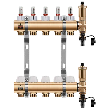 rozdělovač topení WIGELL Mosazný rozdělovač 5 okruhů, pro podlahového topení s hlavicemi a průtokoměry