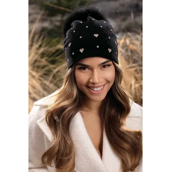 Čepice KRUMLOVANKA Dámská černá zimní čepice s bambulí 100% vlna Woolmark Quality W-0829/018
