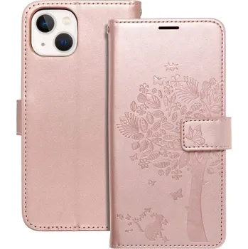 Flip pouzdro na mobil iPhone 13 MEZZO Book růžový strom (Flip pouzdro, obal a kryt na mobil iPhone 13 MEZZO Book s růžovým stromem, kapsami a magnetickým zavíráním)