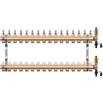 rozdělovač topení WIGELL Mosazný rozdělovač 16 okruhů, pro podlahového topení s hlavicemi a průtokoměry