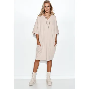 Dámské šaty Oversize mikinové šaty s aplikací na rukávu M708 Barva: Béžová, Velikost: S/M