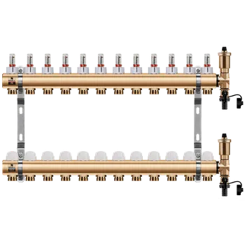 rozdělovač topení WIGELL Mosazný rozdělovač 12 okruhů, pro podlahového topení s hlavicemi a průtokoměry