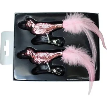 Vánoční ozdoba Skleněný ptáček na stromeček růžový 2 ks