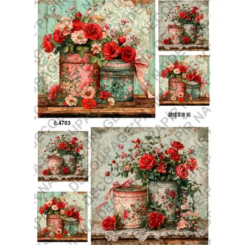 Umělecký papír Rýžový a soft papír na decoupage - Květiny s plechovkou - KB4703 Materiál: Soft, Rozměr: A4