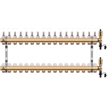rozdělovač topení WIGELL Mosazný rozdělovač 17 okruhů, pro podlahového topení s hlavicemi a průtokoměry