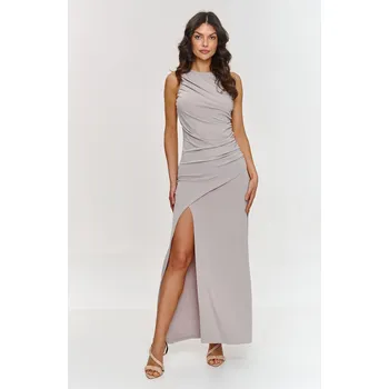 Dámské šaty Maxi šaty s řasením a hlubokým rozparkem M880 Barva: Béžová, Velikost: L