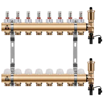 rozdělovač topení WIGELL Mosazný rozdělovač 8 okruhů, pro podlahového topení s hlavicemi a průtokoměry