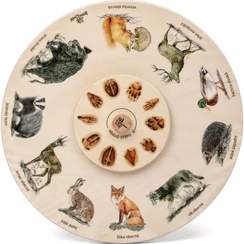 Dřevěná hračka Lesní svět Vzdělávací dřevěná pomůcka STOPY LESNÍCH ZVÍŘAT - otočné kolo
