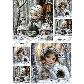 Umělecký papír Rýžový a soft papír na decoupage - Holčička se sovou - KB4646 Materiál: Soft, Rozměr: A4