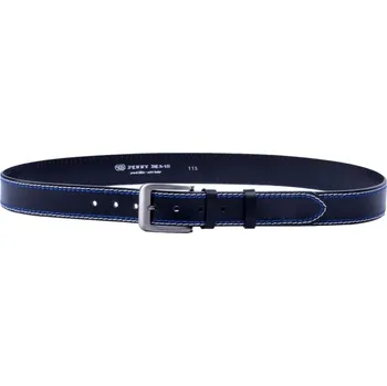 Módní doplněk Pánský kožený opasek 02-2-B-M-60 černý prošívání bílá + modrá velikost 110 cm 110 cm