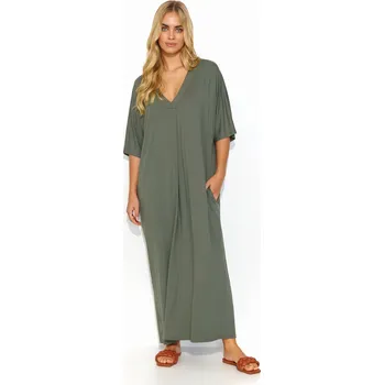 Dámské šaty Dlouhé oversize šaty z viskózy M820 Barva: Khaki, Velikost: S/M