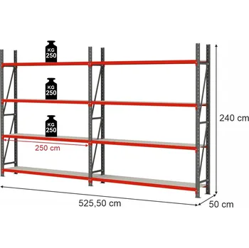 Dílenský regál Skladový regál FORTIS, 8policový, výška 240 cm, délka 525,5 cm, hloubka 50 cm